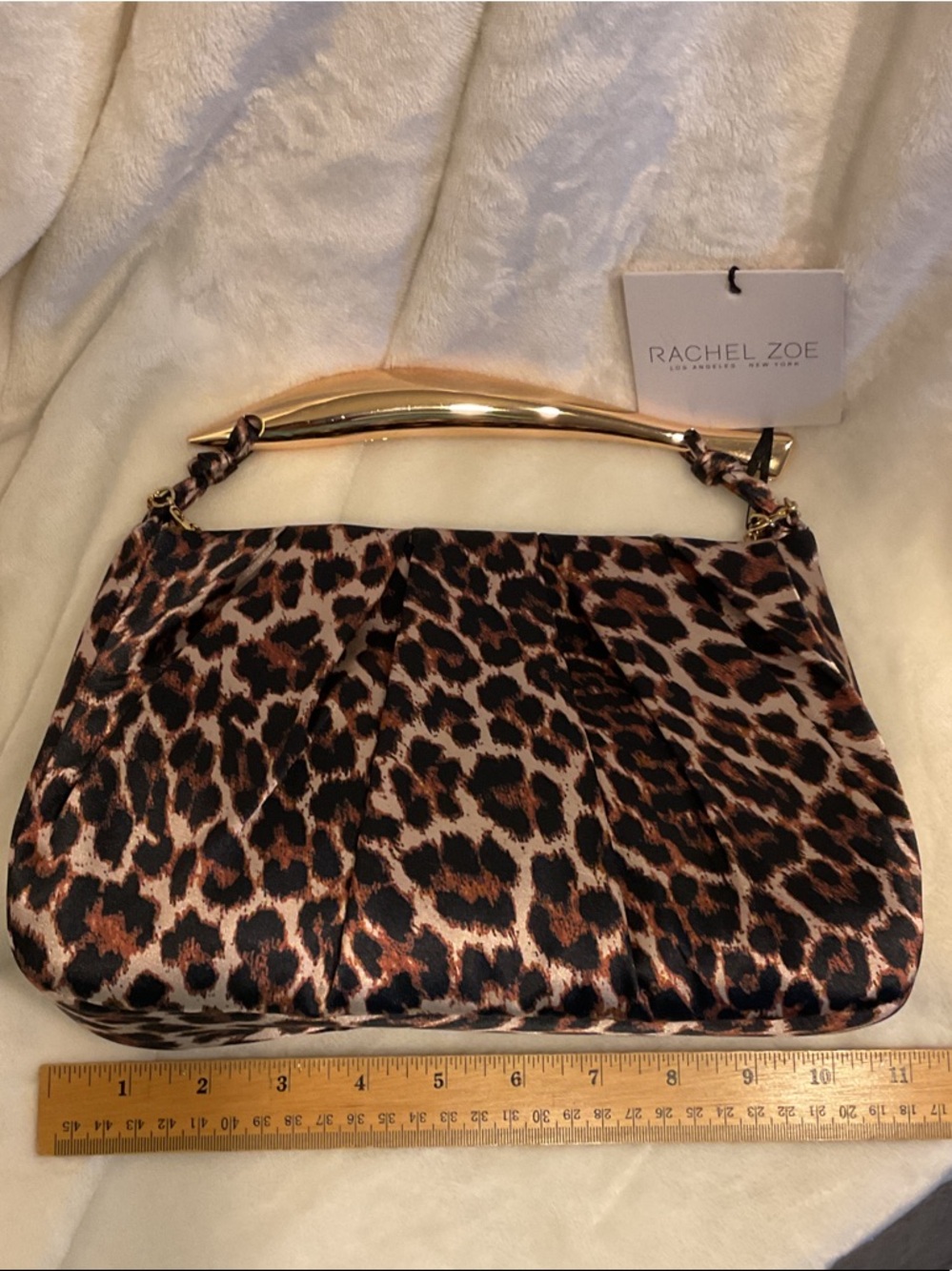 Rachel Zoe Leopard Satin Clutch with Gold Bar Handle